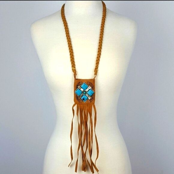 Jewelry - Women's Faux Suede Pocket Tan Necklace Small Pocket